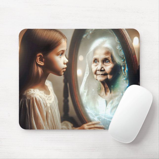 Mousepad Garota jovem olhando para a senhora no espelho (Com mouse)