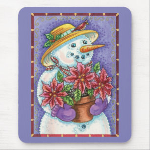 Mousepad Garota Natal Adorável Boneco de Neve com Poinsetti