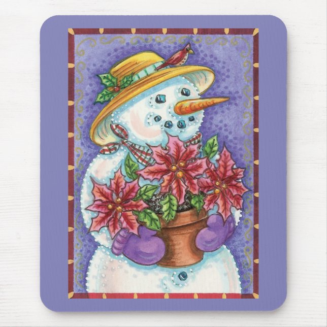 Mousepad Garota Natal Adorável Boneco de Neve com Poinsetti (Frente)