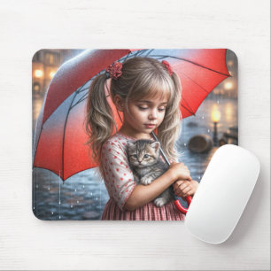 Mousepad Garota Pequena Com Gatinho Sob Guarda-Chuva