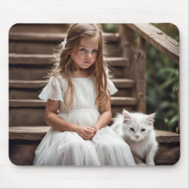 Mousepad Garota Pequena Com Gato Branco
