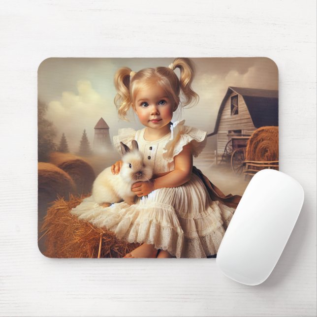 Mousepad Garota Pequena e Coelho no Hay Bale (Com mouse)