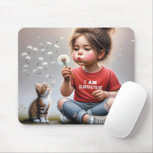 Mousepad Garota Pequena Soprando Dandelions Com Gatinha