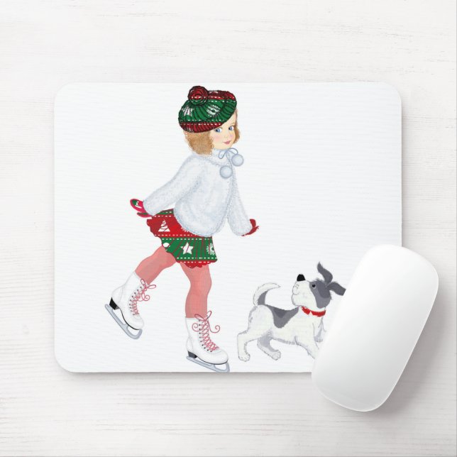 Mousepad Garotinha adorável patinando no gelo e no cachorro (Com mouse)