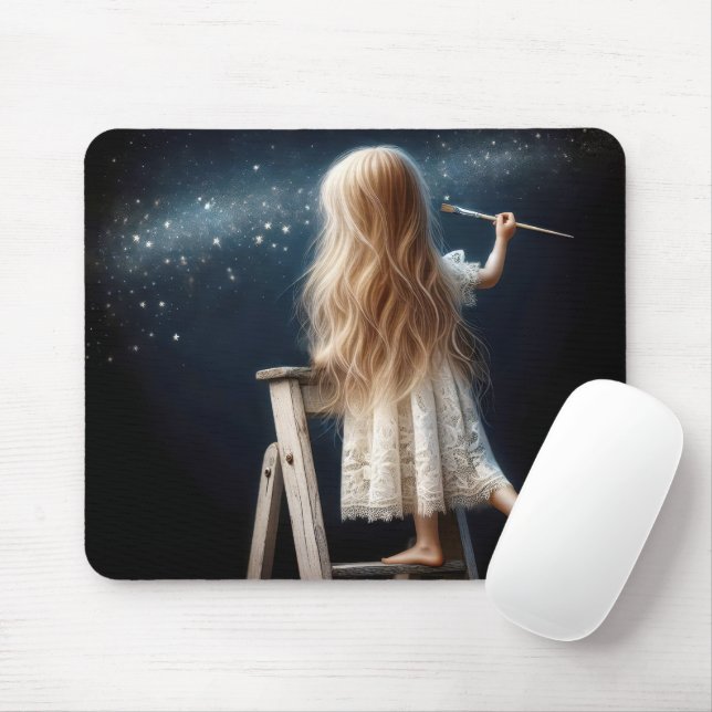 Mousepad Garotinha pintando estrelas no céu noturno (Com mouse)