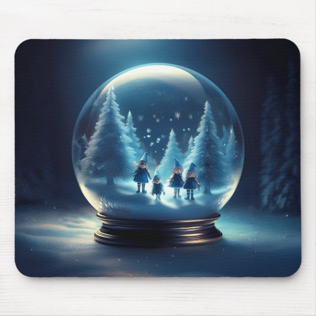 Mousepad Garrafa de Neve Com 4 Pequenos Elfos e Flocos de N (Frente)