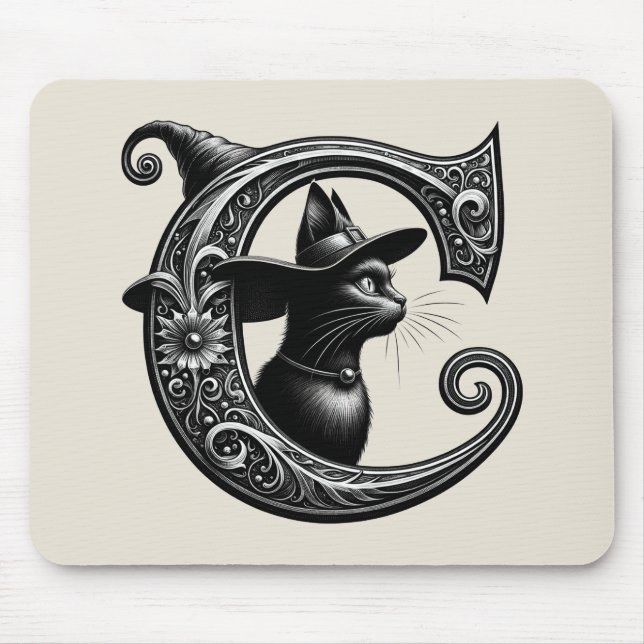 Mousepad Gata Preta Bruxa Bruxesca Letra C Inicial Personal (Frente)
