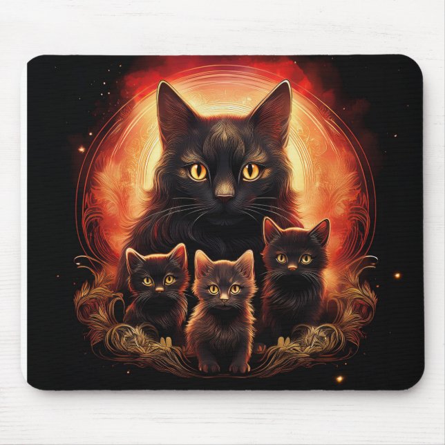 Mousepad Gata Preta E Seus Três Gatinhos (Frente)