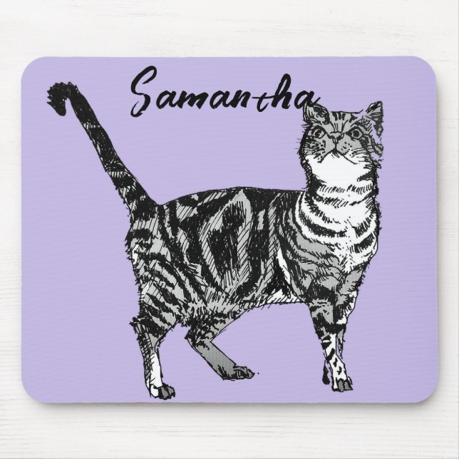 Mousepad Gata Tabby Preto e Branco Nome Roxo  (Frente)