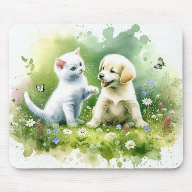 Mousepad Gatinho Aquarela e Pupppy (Frente)