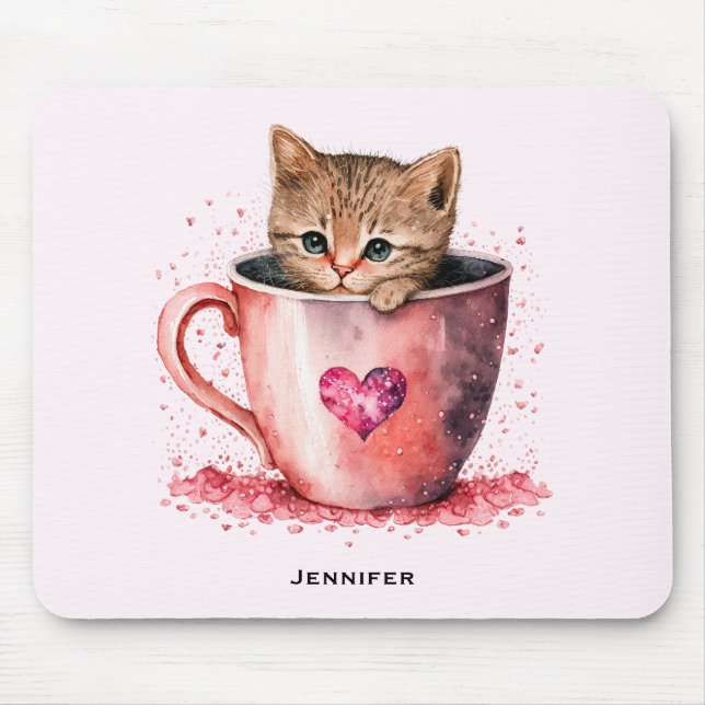Mousepad Gatinho Bonito num Teacup com Corações (Frente)
