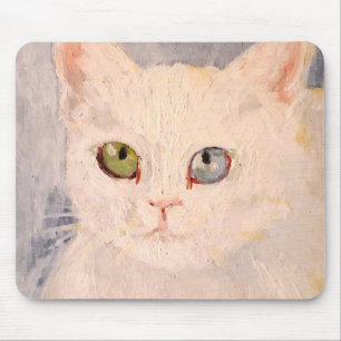 Mousepad Gatinho branco com um olho azul e um mouse verde