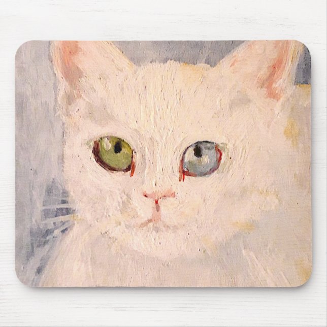 Mousepad Gatinho branco com um olho azul e um mouse verde (Frente)
