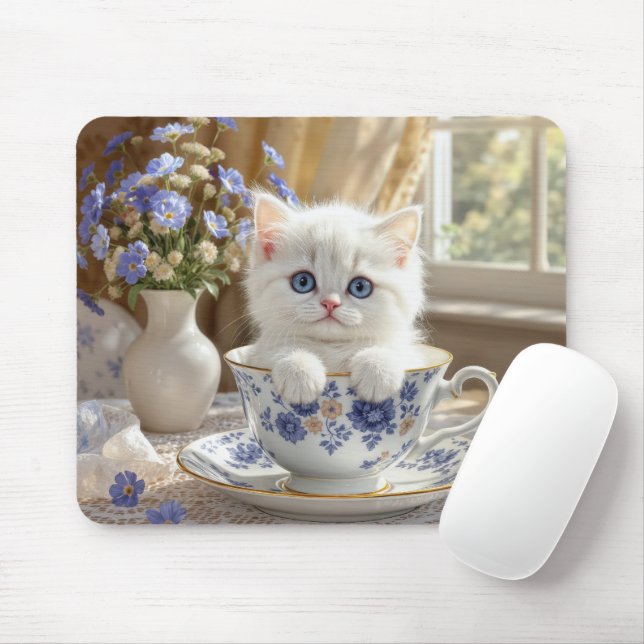 Mousepad Gatinho Branco em um Teacup (Com mouse)