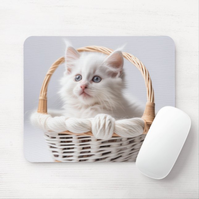 Mousepad Gatinho branco em uma cesta (Com mouse)