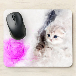 Mousepad Gatinho brincando com uma bola de fio rosa aquarel