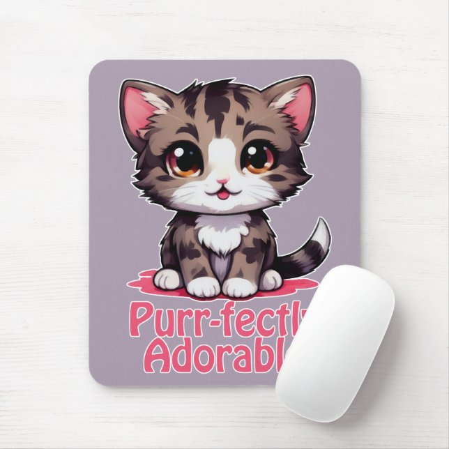 Mousepad Gatinho Chibi Kawaii, Puro e Adorável, de cor rosa (Com mouse)