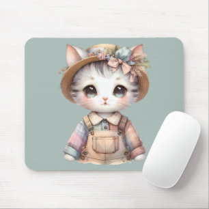 Mousepad Gatinho Cottagecore com Macacão e Chapéu de Palha