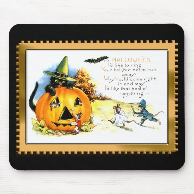 Mousepad Gatinho de Halloween sentado em Jack O Lanterna (Frente)