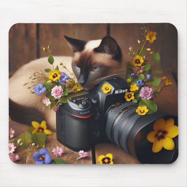 Mousepad Gatinho divertido com flores e teclado numérico da (Frente)