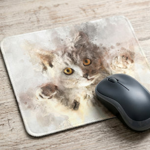 Mousepad Gatinho Divertido em Aquarela com Olhos Amarelos B