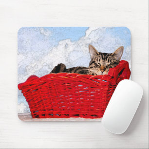 Mousepad Gatinho do sono na cesta vermelha brilhante