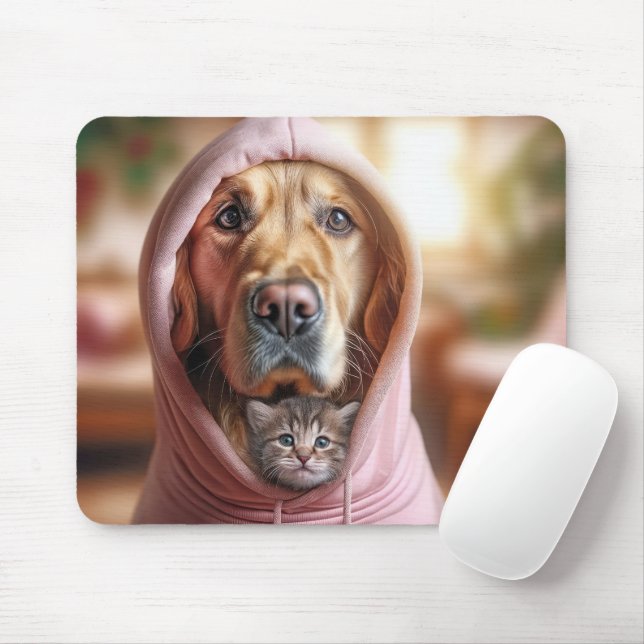 Mousepad Gatinho e Retriever Dourado em um Capuz Rosa (Com mouse)