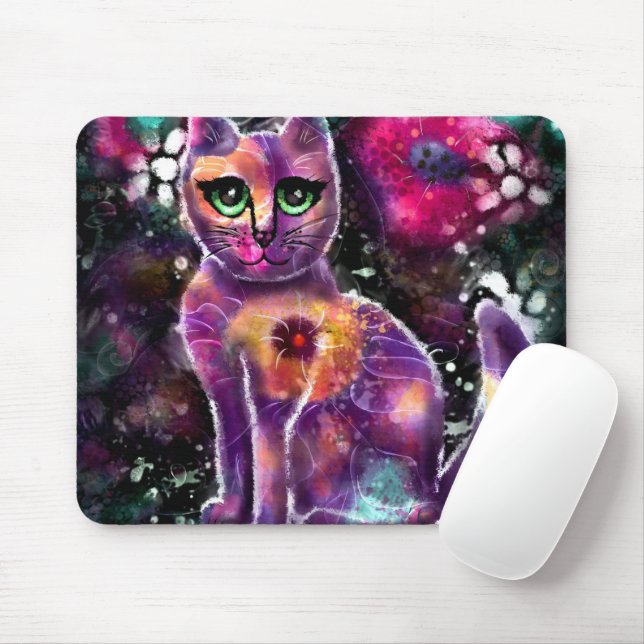 Mousepad Gatinho Floral Abstrato de Whimsso Gato Preto Rosa (Com mouse)