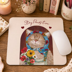 Mousepad Gatinho Fofo Cottagecore com Flores Fique Pawsitiv