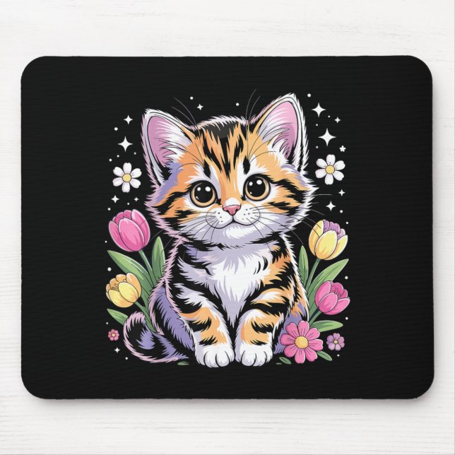 Mousepad Gatinho Fofo Floral Kawaii (Frente)