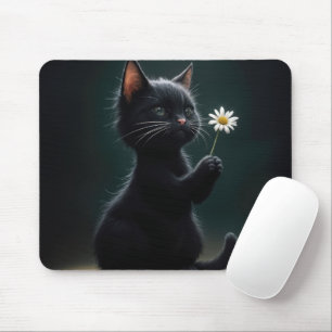 Mousepad Gatinho Negro com margarida branca