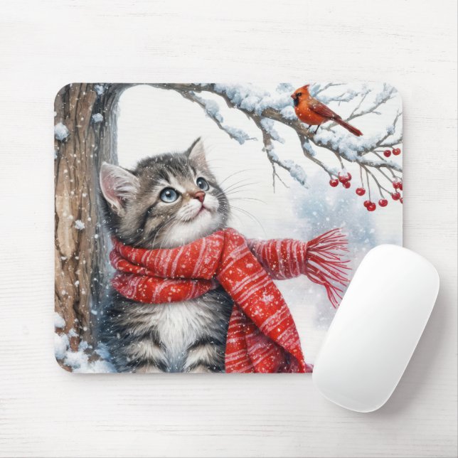 Mousepad Gatinho Observando Cardeal Em Flocos De Neve (Com mouse)