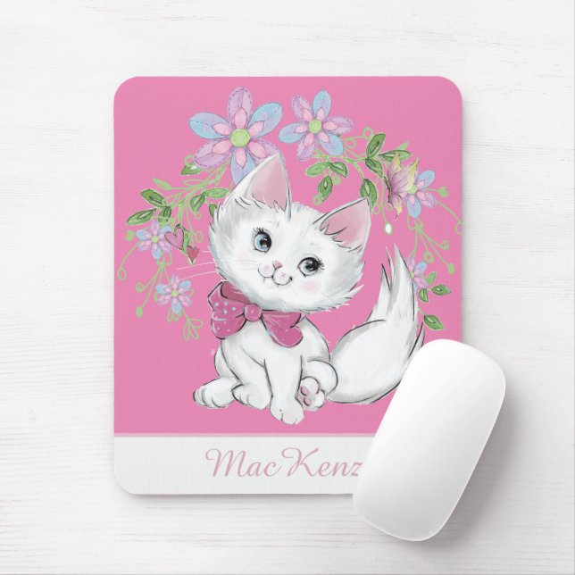 Mousepad Gatinho rosa e flores (Com mouse)