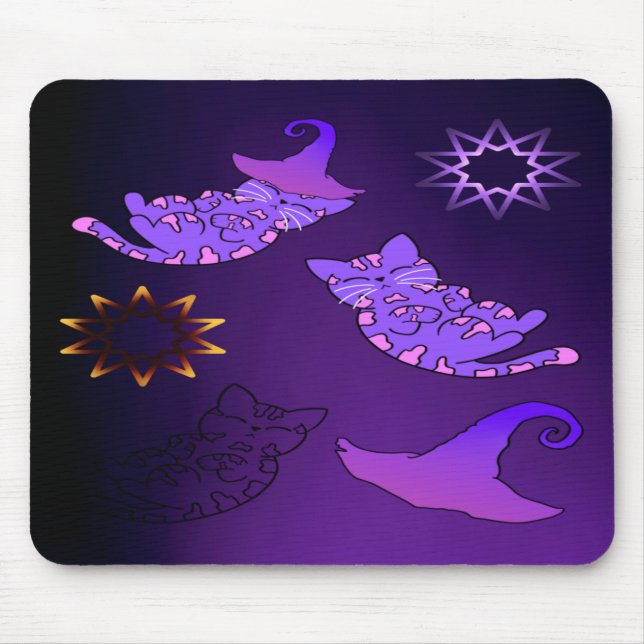 Mousepad Gatinhos Roxos com Chapéus e Estrelas de Bruxas (Frente)