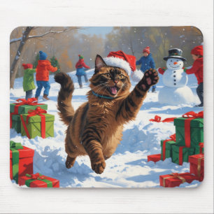 Mousepad Gato Abissínio Cena de Natal Festiva Neve
