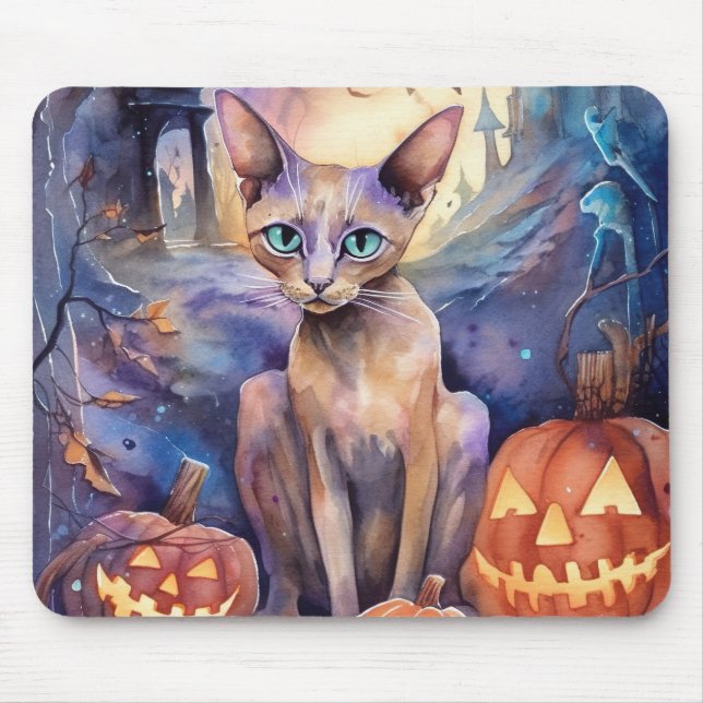 Mousepad Gato Abissínio de Halloween com Abóboras Assustado (Frente)
