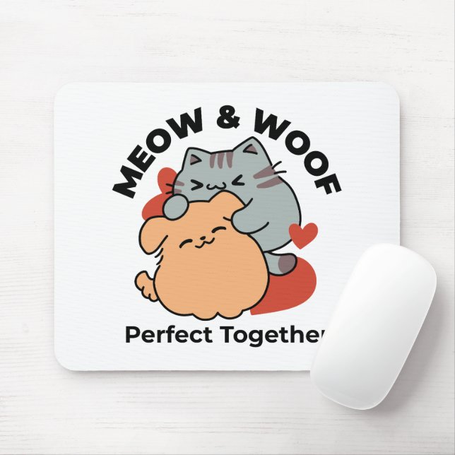 Mousepad Gato Adorável e Cachorro Abraço - Meow & Woof Desi (Com mouse)