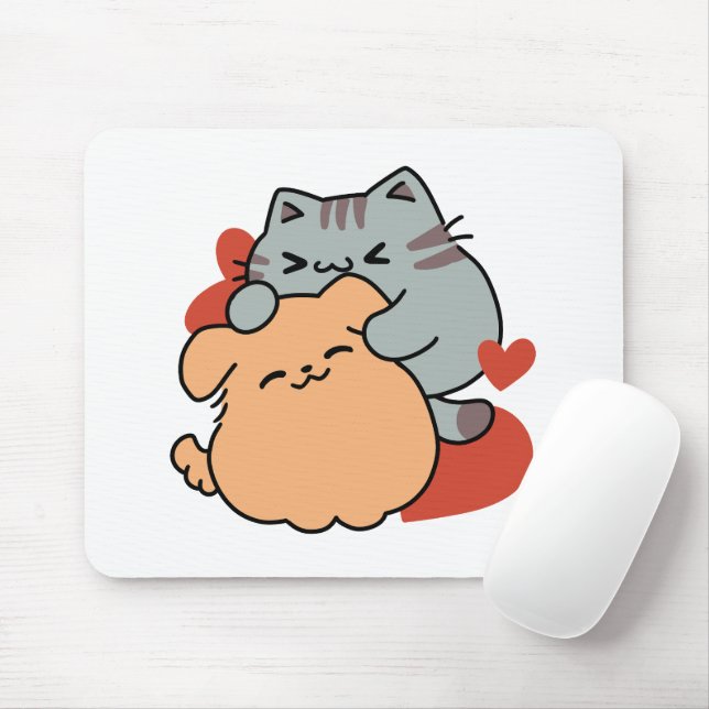 Mousepad Gato Adorável e Cachorro Abraço - Meow & Woof Desi (Com mouse)