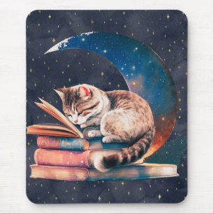 Mousepad Gato Adorável na Lua Lendo um Livro