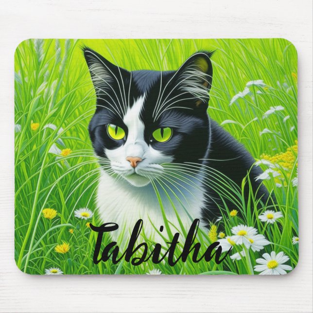 Mousepad Gato Adorável Personalizado em um campo de Daisies (Frente)