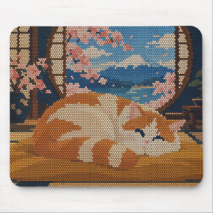 Mousepad Gato Adormecido Monte Fuji Flor de Cerejeira Pixel