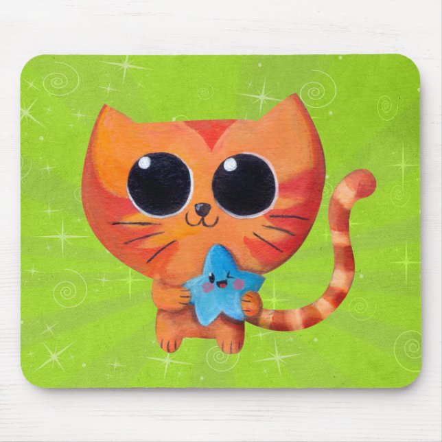 Mousepad Gato alaranjado bonito com estrela (Frente)