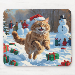 Mousepad Gato Angora Turco Correndo na Neve com Chapéu de N