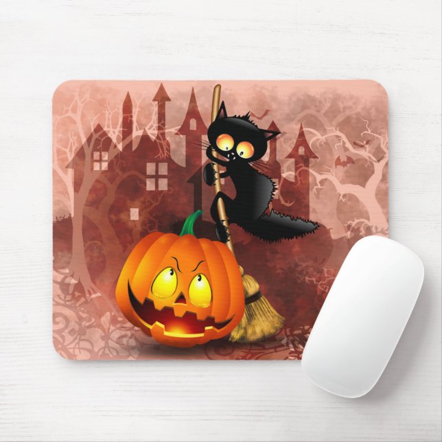 Mousepad Gato assustado com o personagem do Dia das Bruxas  (Com mouse)