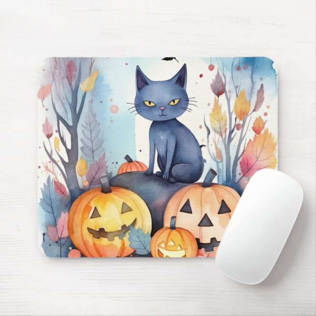 Mousepad Gato Azul Oriental Halloween Com Pumpkins Assustad (Com mouse)