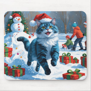 Mousepad Gato Azul Oriental Sentado na Neve com Chapéu de N
