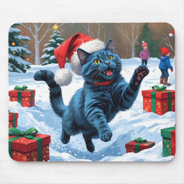 Mousepad Gato Azul Russo Correndo na Neve com Chapéu de Nat (Frente)