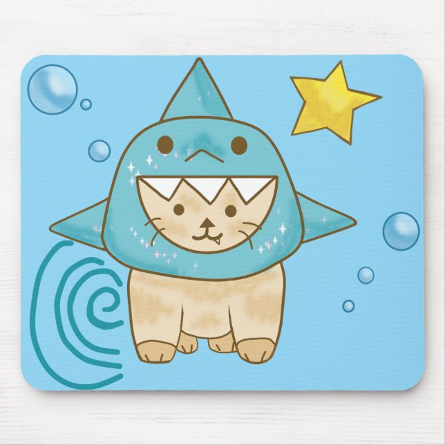 Mousepad Gato beige bonito em roupa de tubarão aqua tema do (Frente)