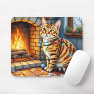 Mousepad Gato Bengal lareira com luzes de Natal