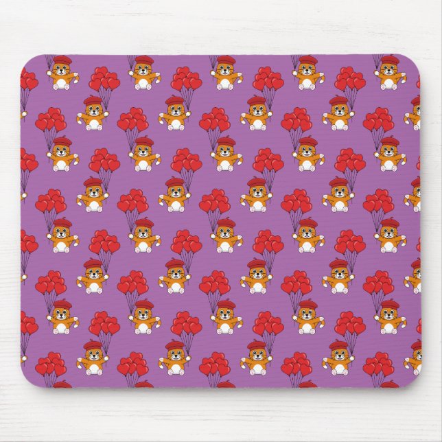 Mousepad Gato Bonito com Balões de Coração Vermelho (Frente)